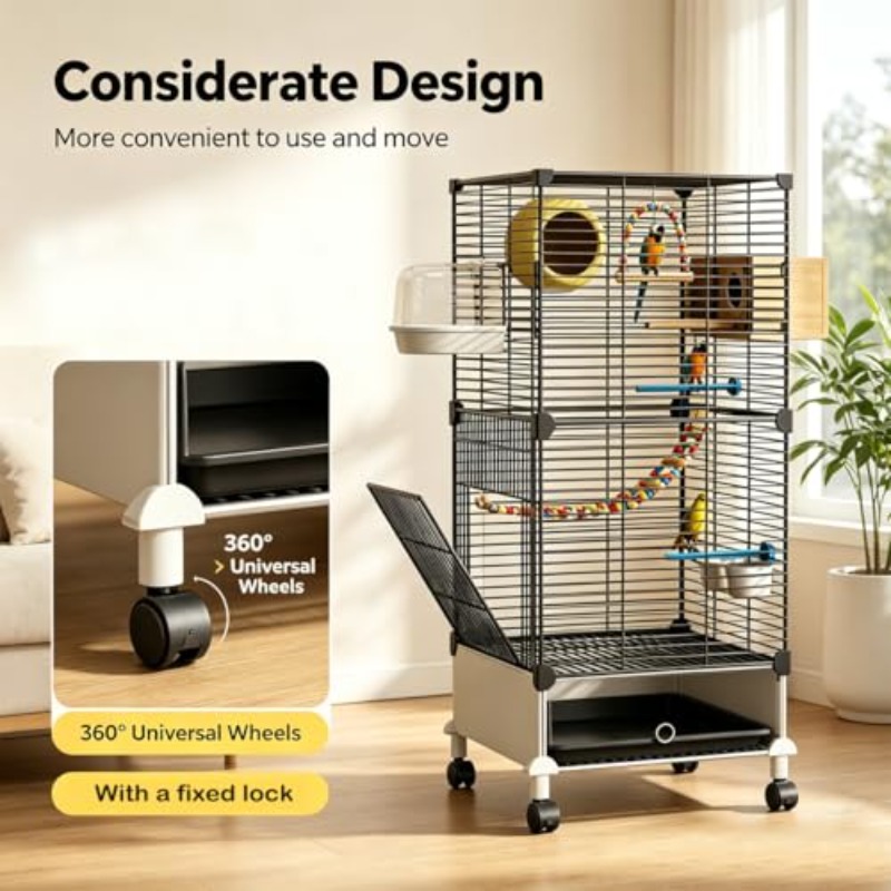 95Cm Large Bird Cage with Perches Parakeet Cage with Slide-Out Tray Water Bottle And Feeder Birdcages for Parrot Parakeets Cockatiel Lovebird Pigeon Small Mid-Sized Bird Black