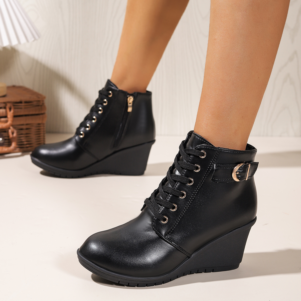 TEMU Women's Glossy Round-toe Ankle Boots With Thick Platform Wedge Heel, Lace-up & Side Zipper Closure, Sole Suitable For Commuting, Casual, Office