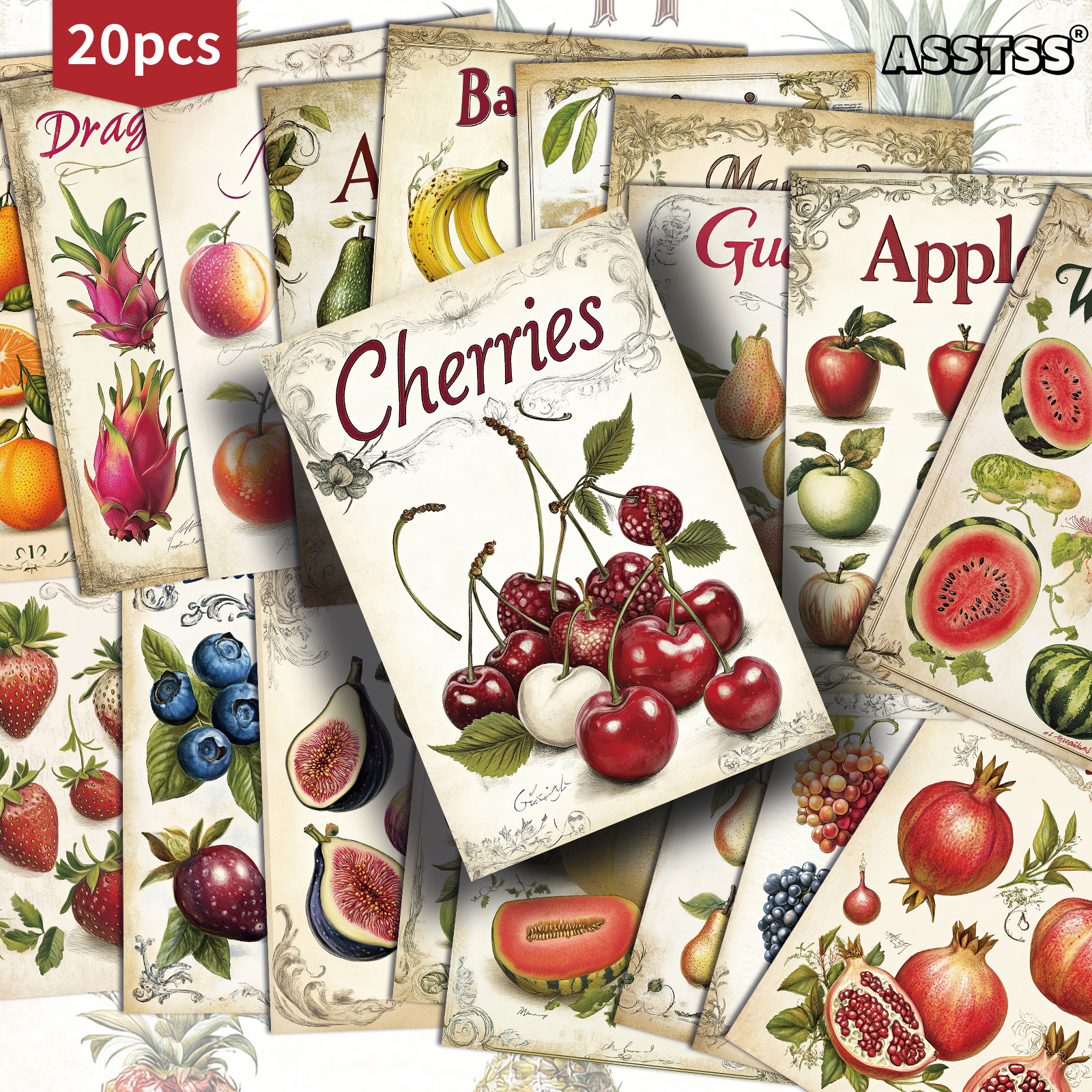 TEMU 20-pack Asstss Vintage Fruit Postcards Suitable For Scrapbooking & Junk Journals - Retro Pinup Fruit Illustrations, Personalizable Classic Cards