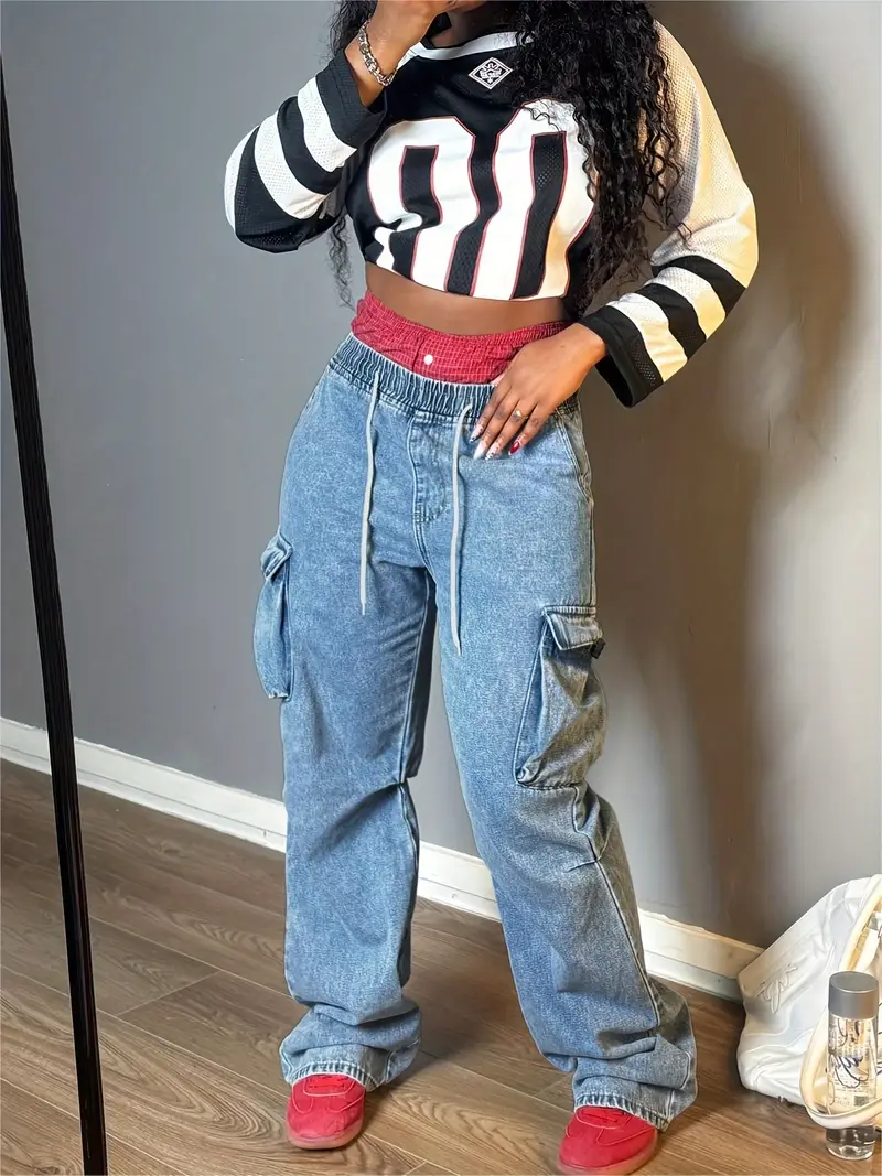 Girls Cargo Jeans Streetwear Denim Pants - Elastic High Waist Wide Leg Multiple Pockets Loose Straight Leg Trousers