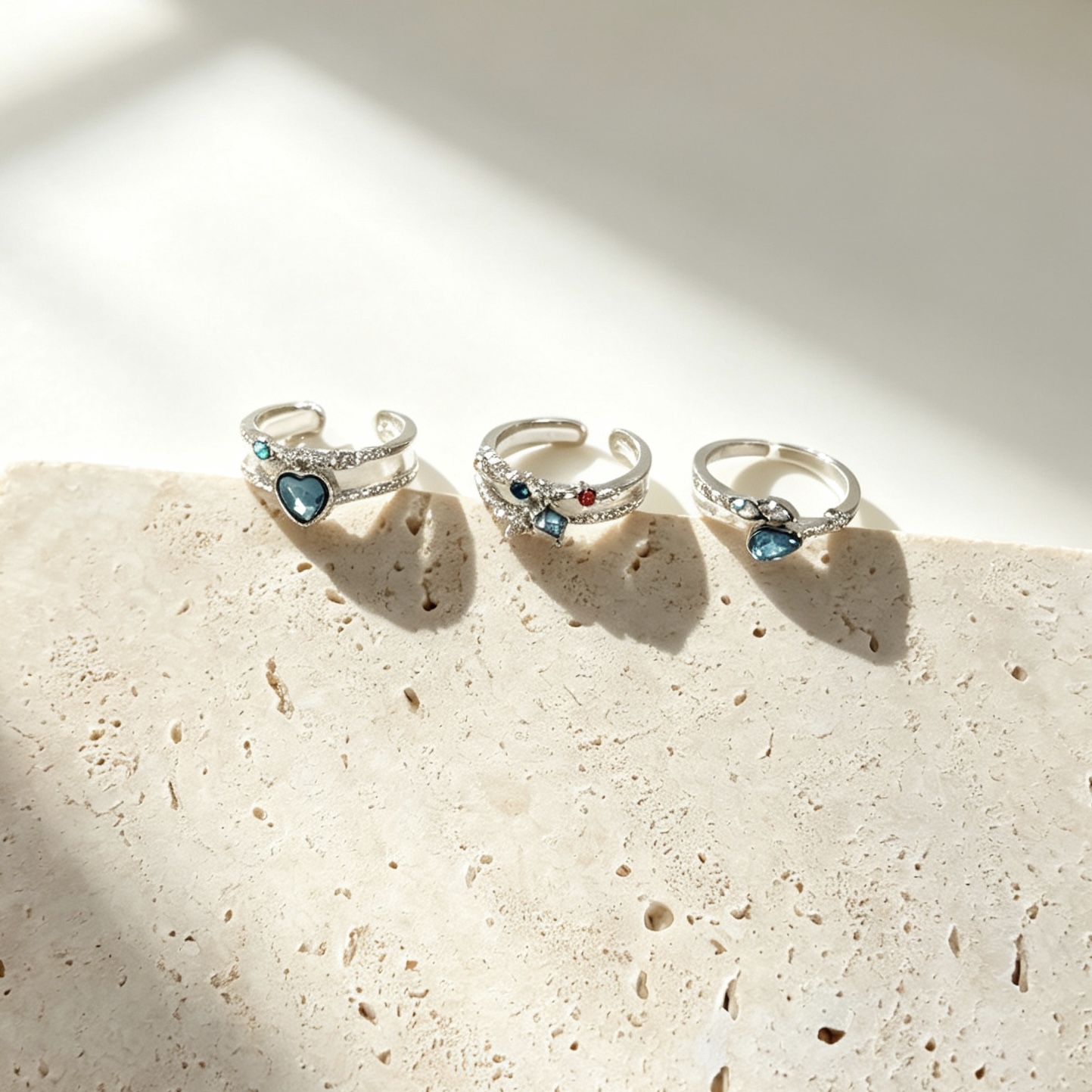 3pcs Blue Heart-Shaped Adjustable Ring Set