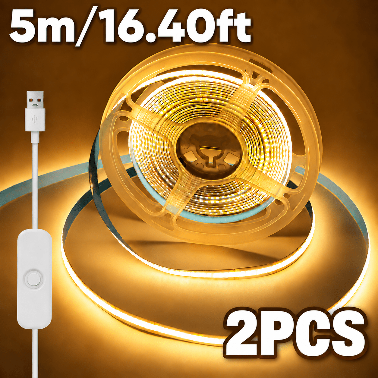 Image of Hotu Cob Led Strip Light, Usb Powered Flexible Self-adhesive Cuttable 400 Lamps, Meter Design For Furniture Cabinet, Kitchen Base, Bedroom Ambient Lighting Warm White, Daylight Color Adjustable