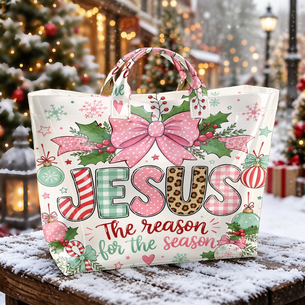 TEMU Art Splicing Text Bow Faith Printed Handbag Bright Surface Large Capacity Tote Bag Handheld Holiday Shopping Bag Outdoor Storage Women's Handbag