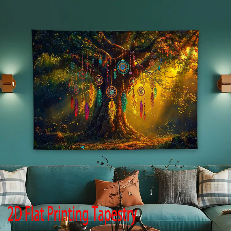 Boho Dreamcatcher Tree Tapestry Fantasy Forest Wall Hanging Decor_voghion.com