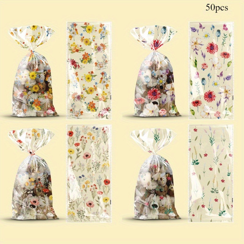 E-shop 50 Stück Blumenpapierbeutel - Klare Kunststoff-Geschenkbeutel mit Drehverschlüssen, Verschiedene Wildblumen- und Teddybär-Designs für