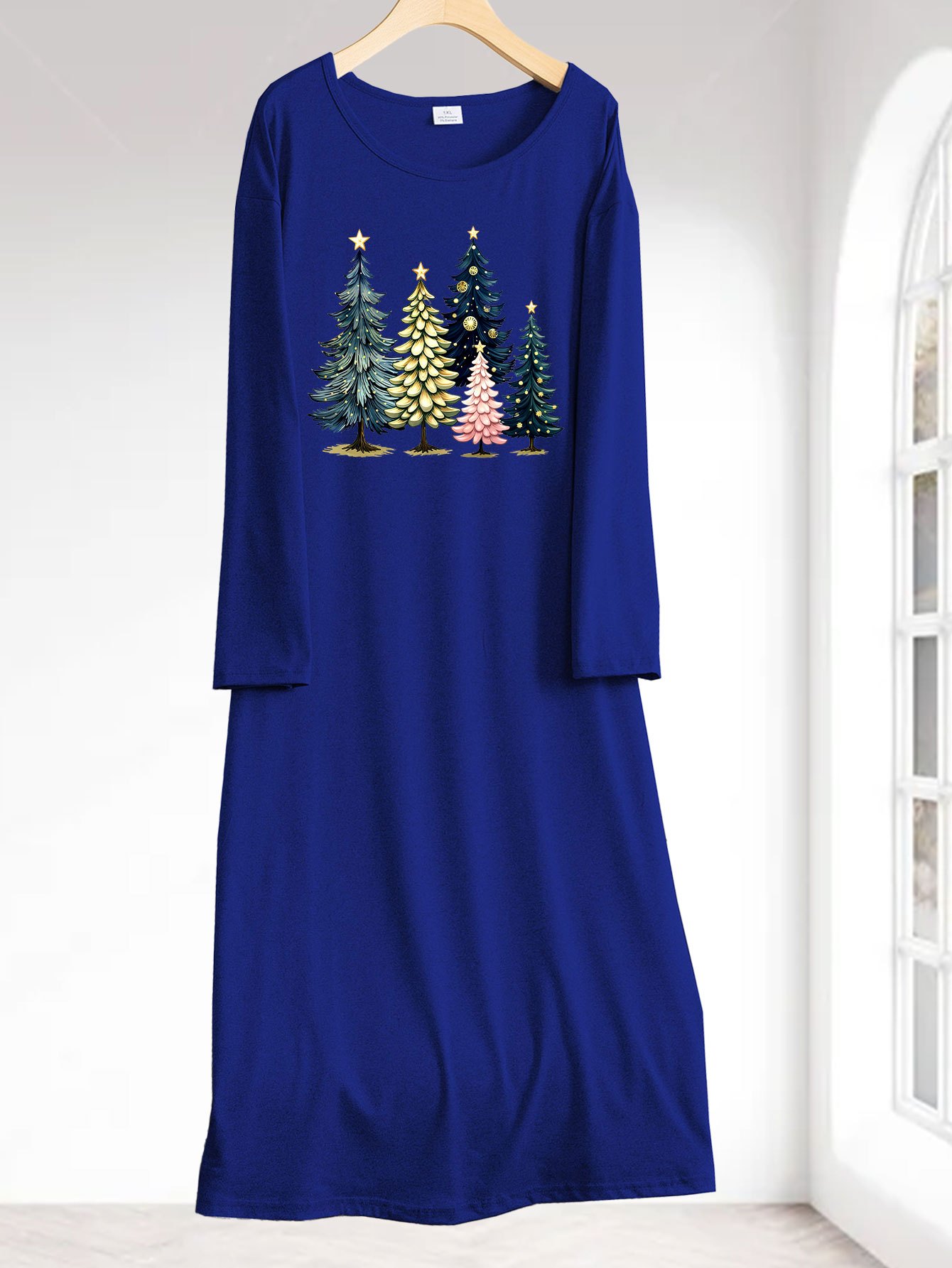 christmas night dress women Tutolipy Christmas Tree Printed Night Dress Full Length Nightgowns for Women  Long Sleeve Loungewear V Neck House Dress, S