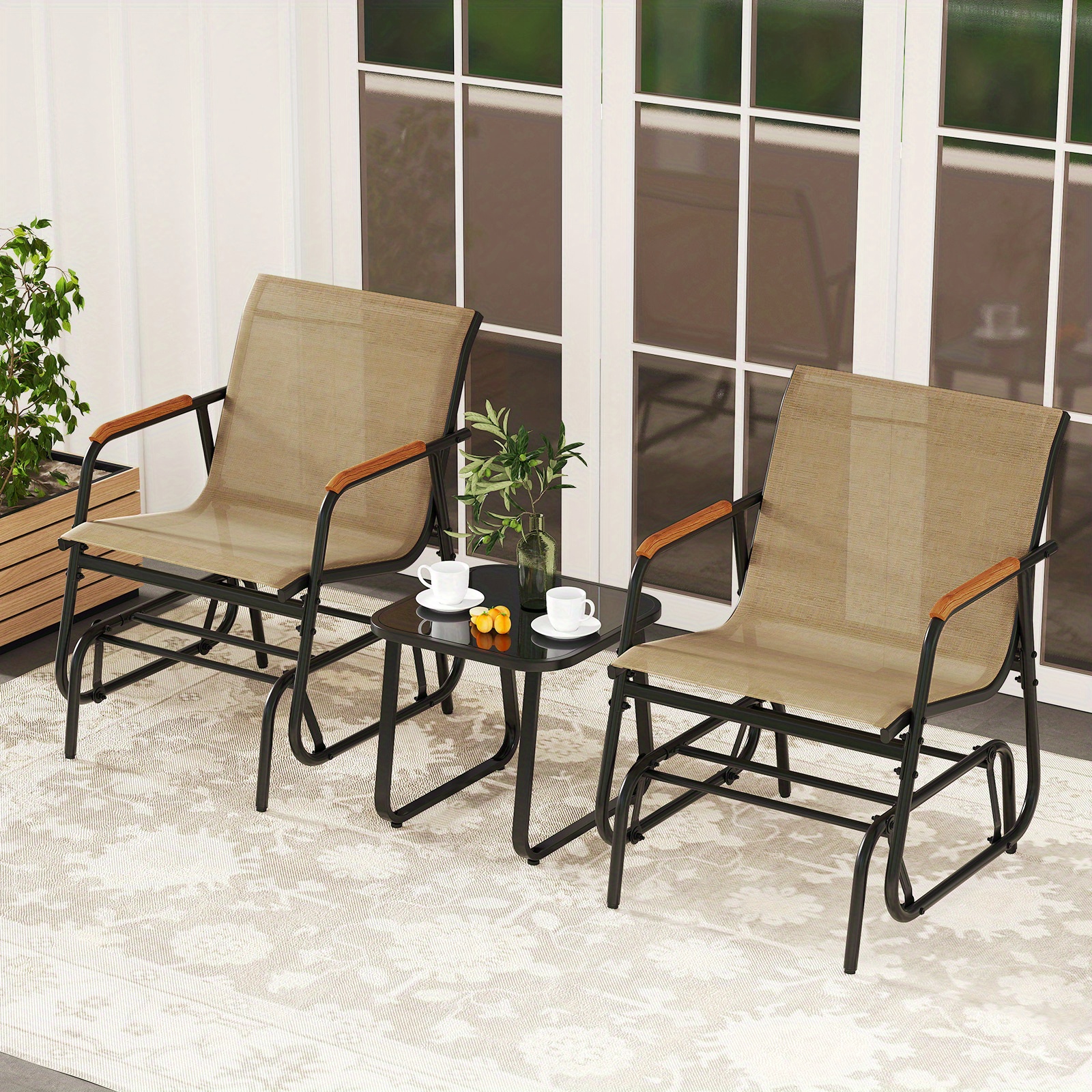 TEMU Costway 3pcs Outdoor Glider Bistro Set, Rocking Set Of 2 And Coffee Table With Tempered Glass Top, Metal Frame, Small Patio Furniture Set For