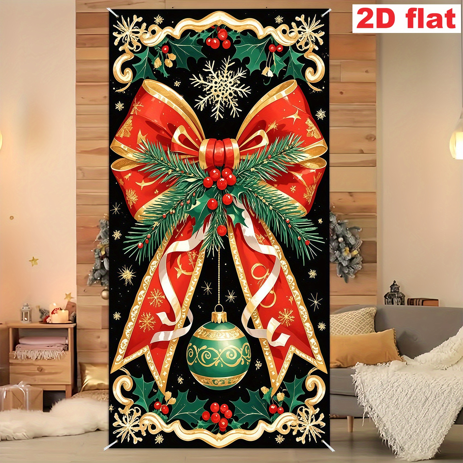 TEMU Party Banner, 1pc (35*70 Inches / 90*180 Cm), Made Of Polyester, Christmas-themed Decorative Door Frame Banner - 2d Hanging Decoration With Red