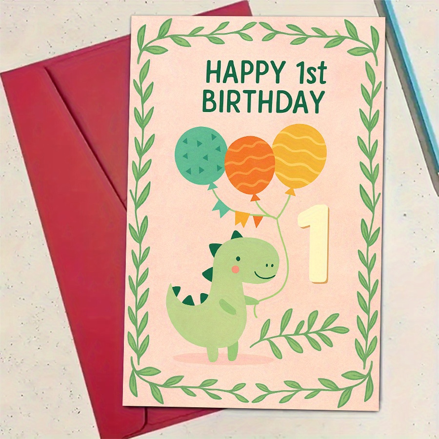 TEMU 1pc Happy 1st Birthday Card, Featuring Cute Dinosaurs And Balloons, Ideal For Celebrating Milestone Birthdays, And Souvenirs, Includes Envelope