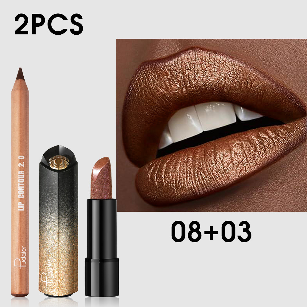 TEMU Luxury Press Golden Lipstick Set With Lip Liner | Brown Shimmer And Nude Lip Liner Pencil | Viral Fall Makeup Kit (2pcs)