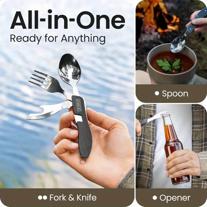 2-pack heavy-duty stainless steel compact camping utensil set with detachable fork, knife, spoon & bottle opener - portable multitool flatware with ergonomic non-slip handle, sheath & carrying case for backpacking, hiking, survival, travel - ideal for emergency preparedness & (stainless steel construction, polished , lightweight & durable), camping equipment and accessories, camping cutlery, camping gear and equipment Product details 1