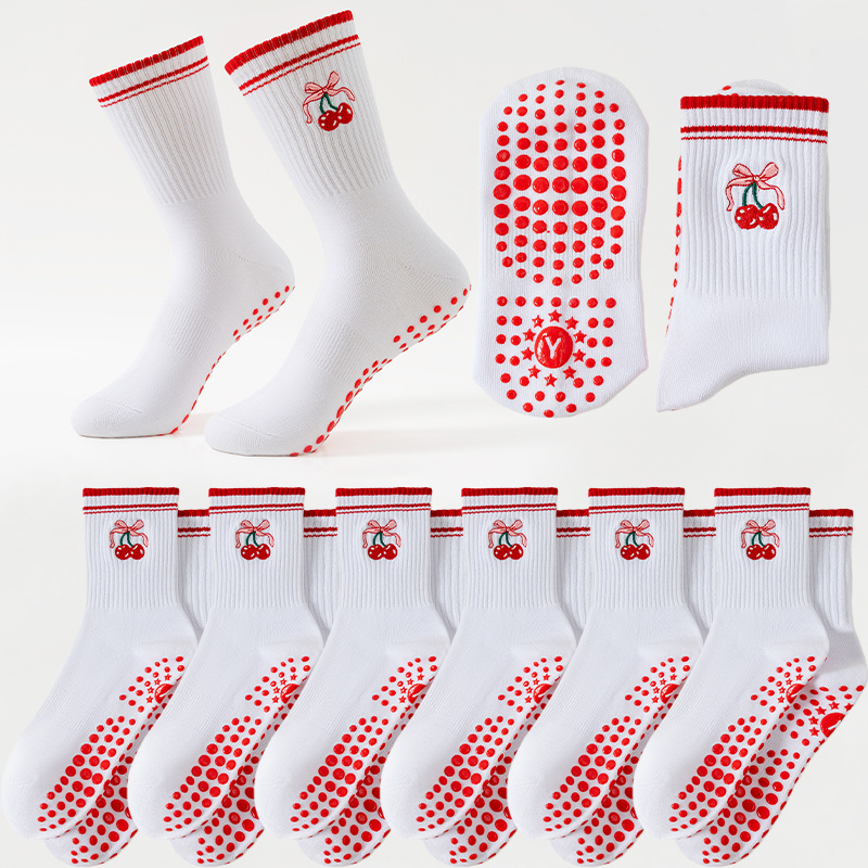 6pairs/Women's Non-Slip Yoga Socks - Butterfly Bow Cherry Embroidery, Soft Breathable & Anti-Skid Long Socks for Pilates