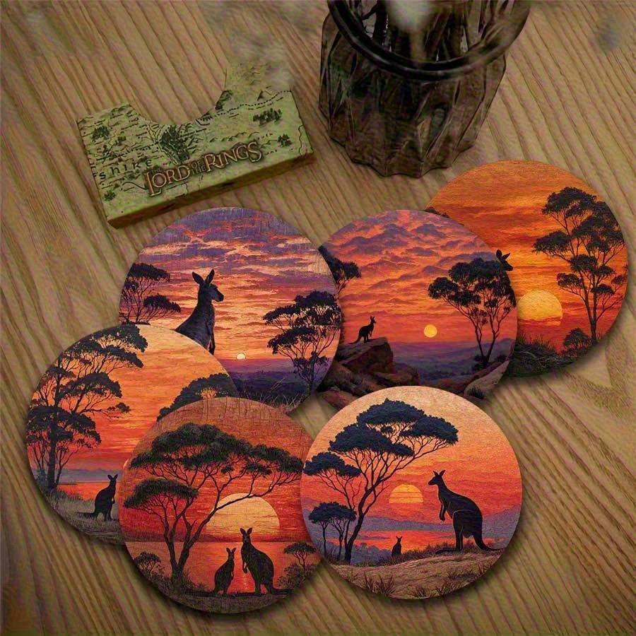 TEMU 6pcs Sunset Kangaroo-themed Wooden Coasters, Non-slip Heat-resistant Drink Mats With Kangaroo Patterns, Desktop Protection Coasters, Home Decor,