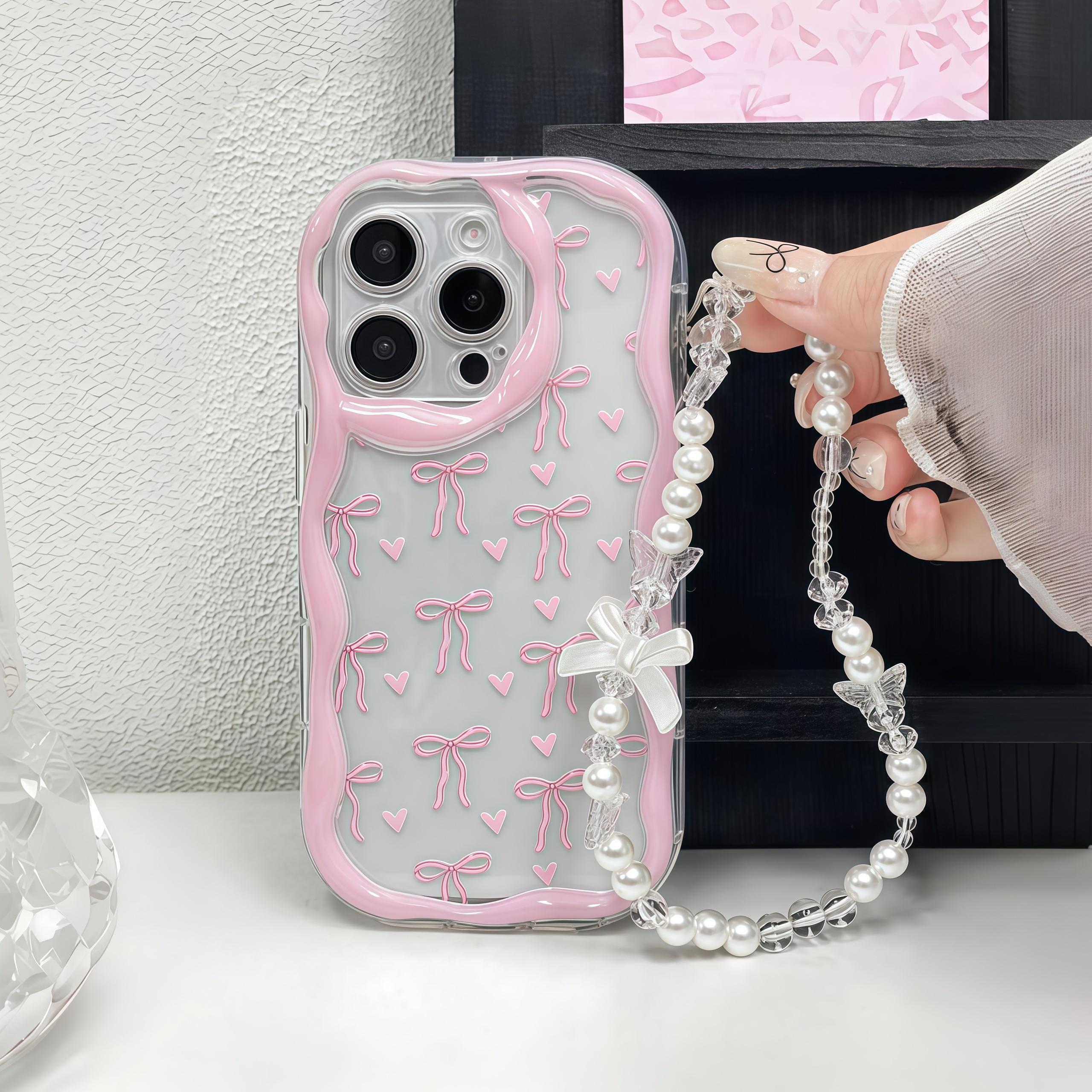 TEMU Phone Case: Pink Bow + Print With Pink Scalloped Edge Pearl Chain Phone Case Lanyard Set, Suitable For Iphone 18 Pro Max, 18 Pro, Iphone 17 Pro
