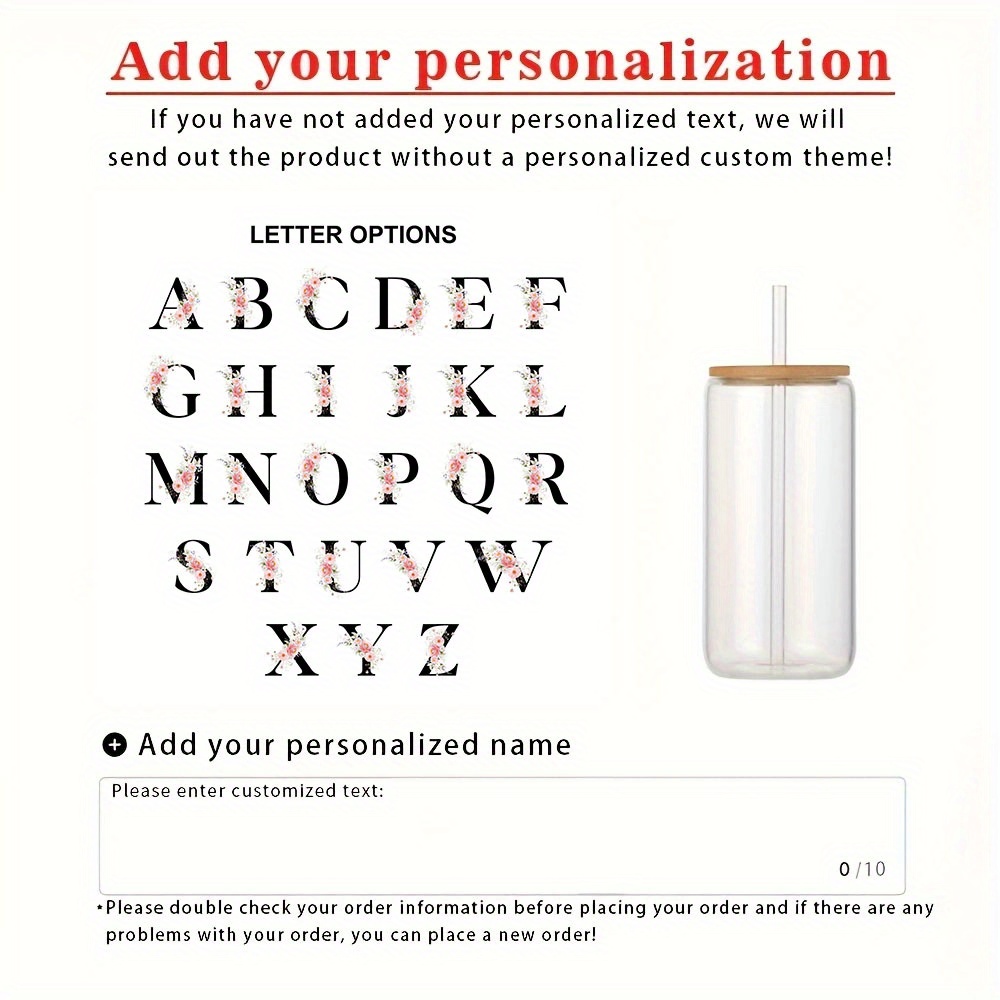 TEMU Customizable Iced Coffee Mugs Featuring Lids And Straws, Personalized Floral Designs With Monograms, Frosted Glass Mugs For Name Favors, Ideal