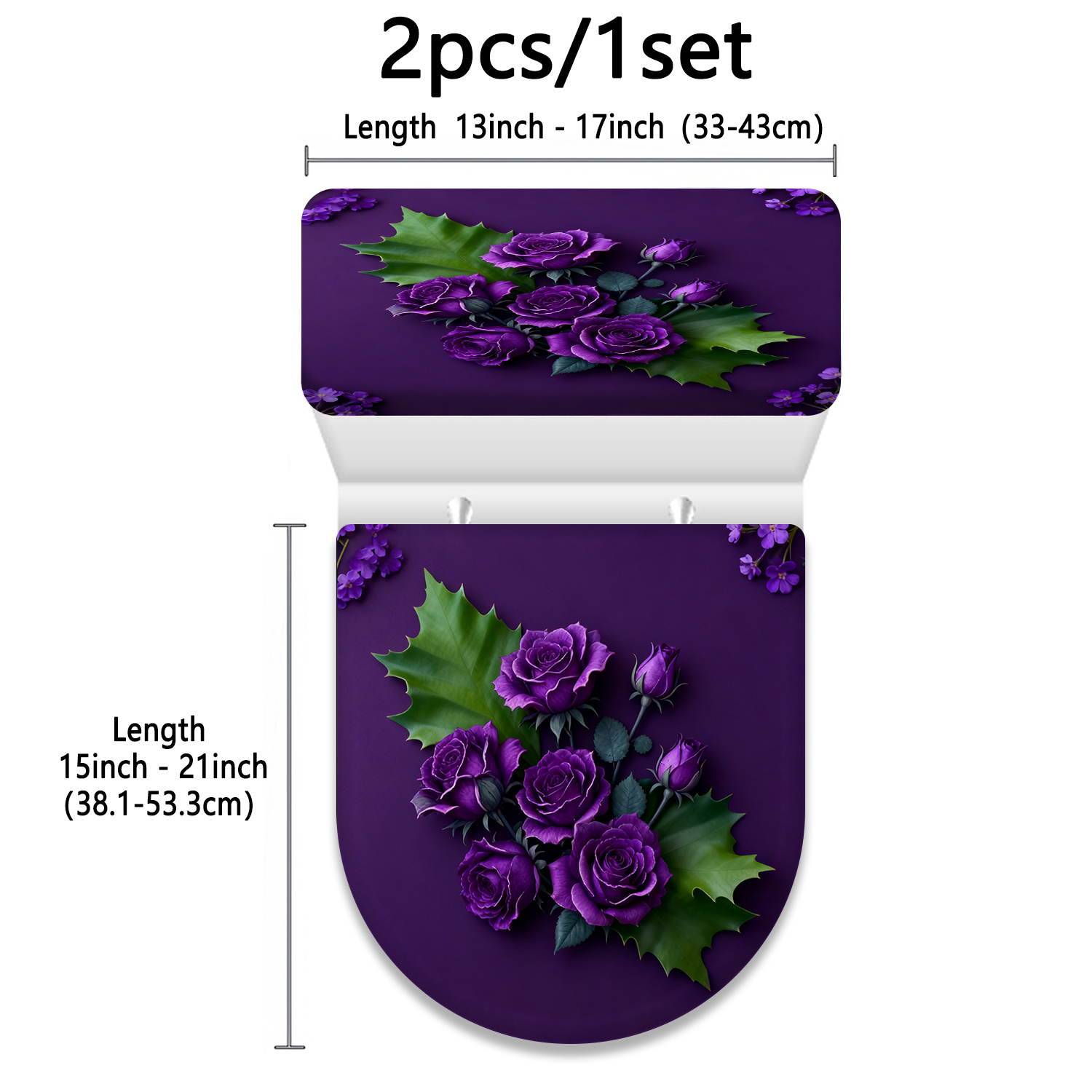 TEMU 2pcs Purple Base With Purple Rose Pattern Printed Toilet Seat And Tank Cover Set, 2d Flat Bathroom Decorative Toilet Cover, For All , 2d Flat