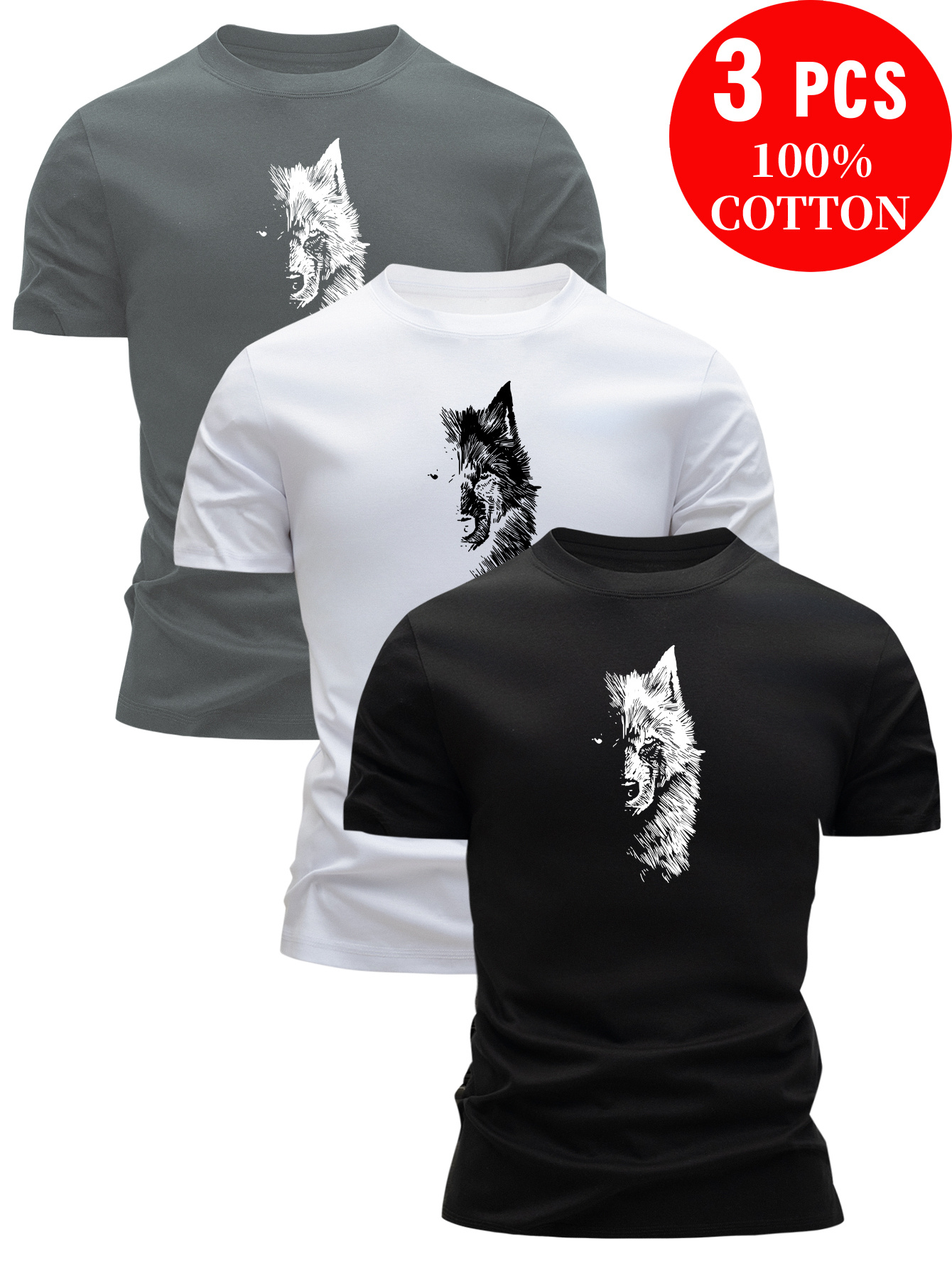3pcs mens 100 cotton wolf graphic t shirts casual crew neck short sleeve   fit black white light     tshirt   wolf design stretchy fabric