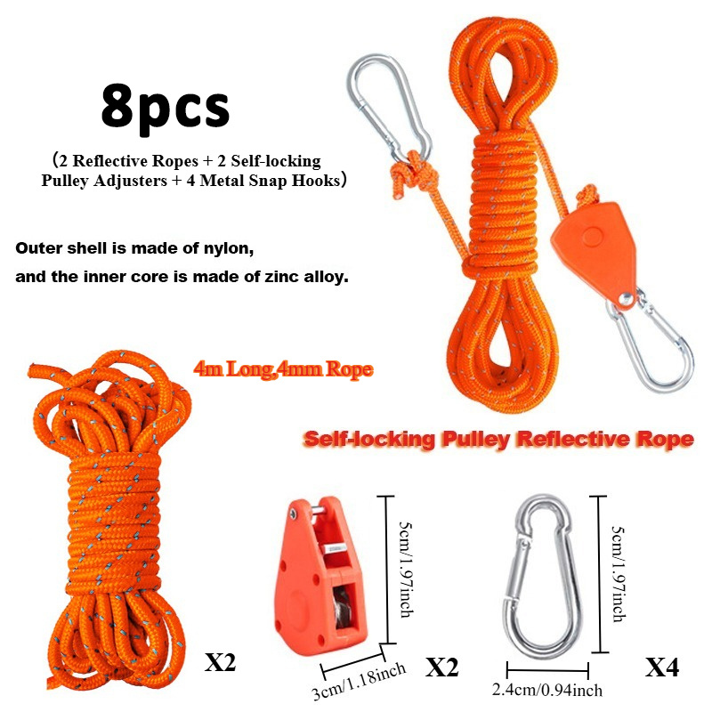 TEMU 8pcs Self-locking Pulley Reflective Tent Guyline, Adjustable Camping Wind Rope For Tent, Canopy & Shade Sail, Nylon Shell Alloy Tensioner Kit