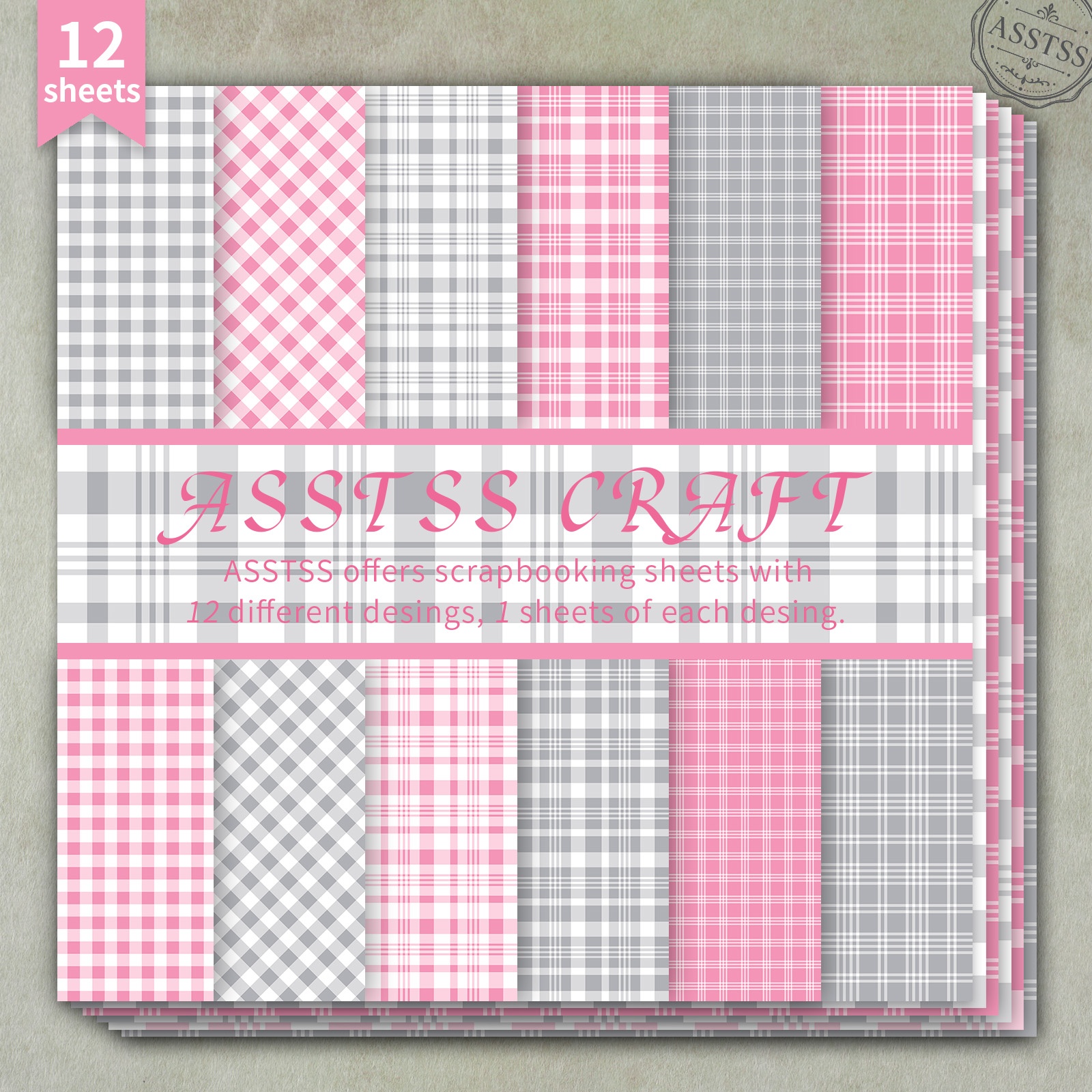 TEMU 12-sheet Asstss Heavyweight Scrapbooking Paper Pad Suitable For Journaling, Collage Art & Crafts - Pink Gray Gingham Plaid & Floral Cardstock