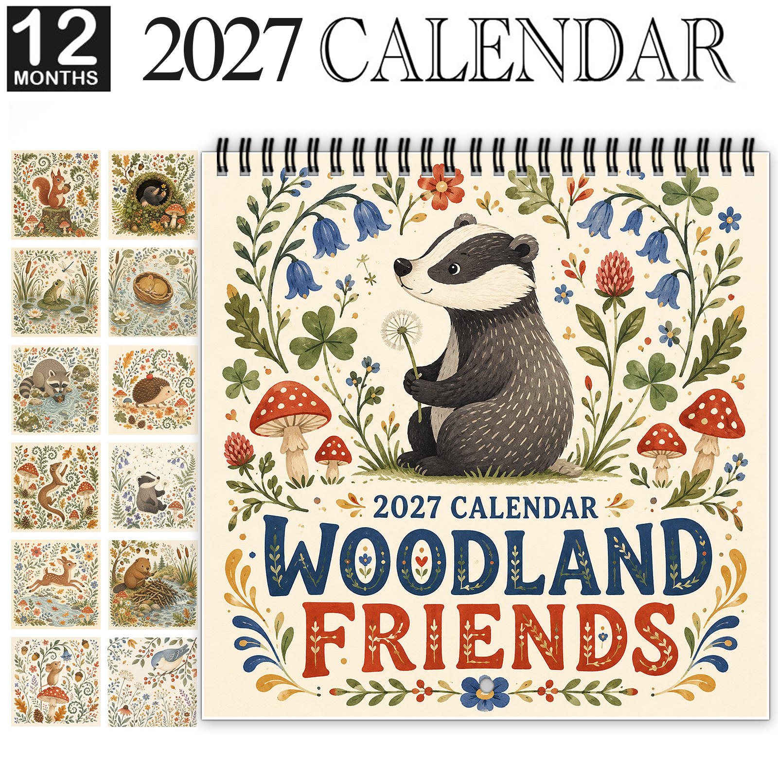 TEMU 1pc 2027 Wall Calendar, Spiral-bound 12-month Calendar With Large Date Blocks, Features Cute Forest Animals, Mushrooms, Botanical And Nature