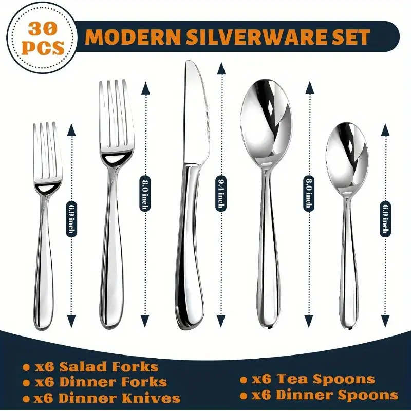 30 stainless steel cutlery set for 6, featuring a with polish, forks, knives, and spoons, and is dishwasher safe. flatware set silvery, silverware set, spoon and fork set Product details 1