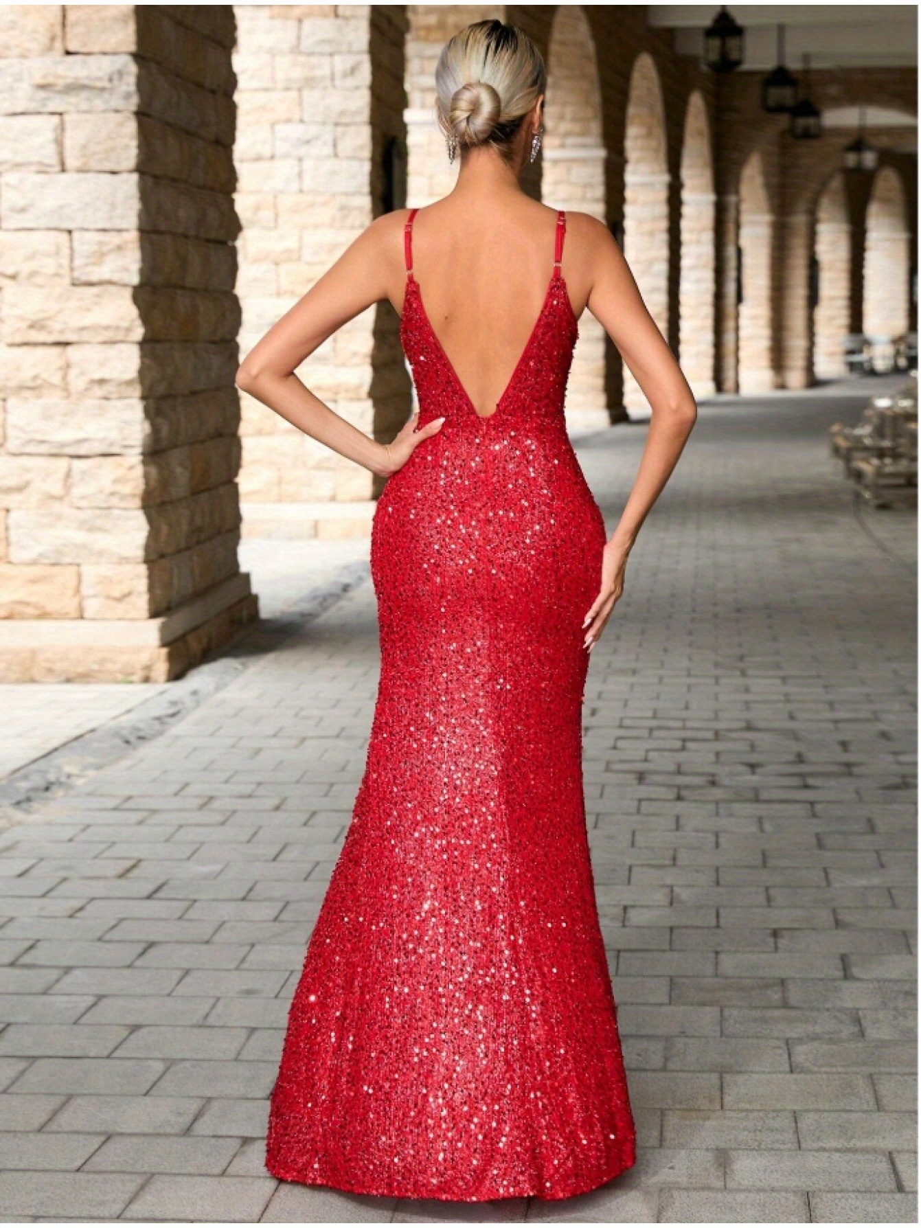 Red Sequin High Neck Red Gown Elegant Red Sequin Halter Neck Gown
