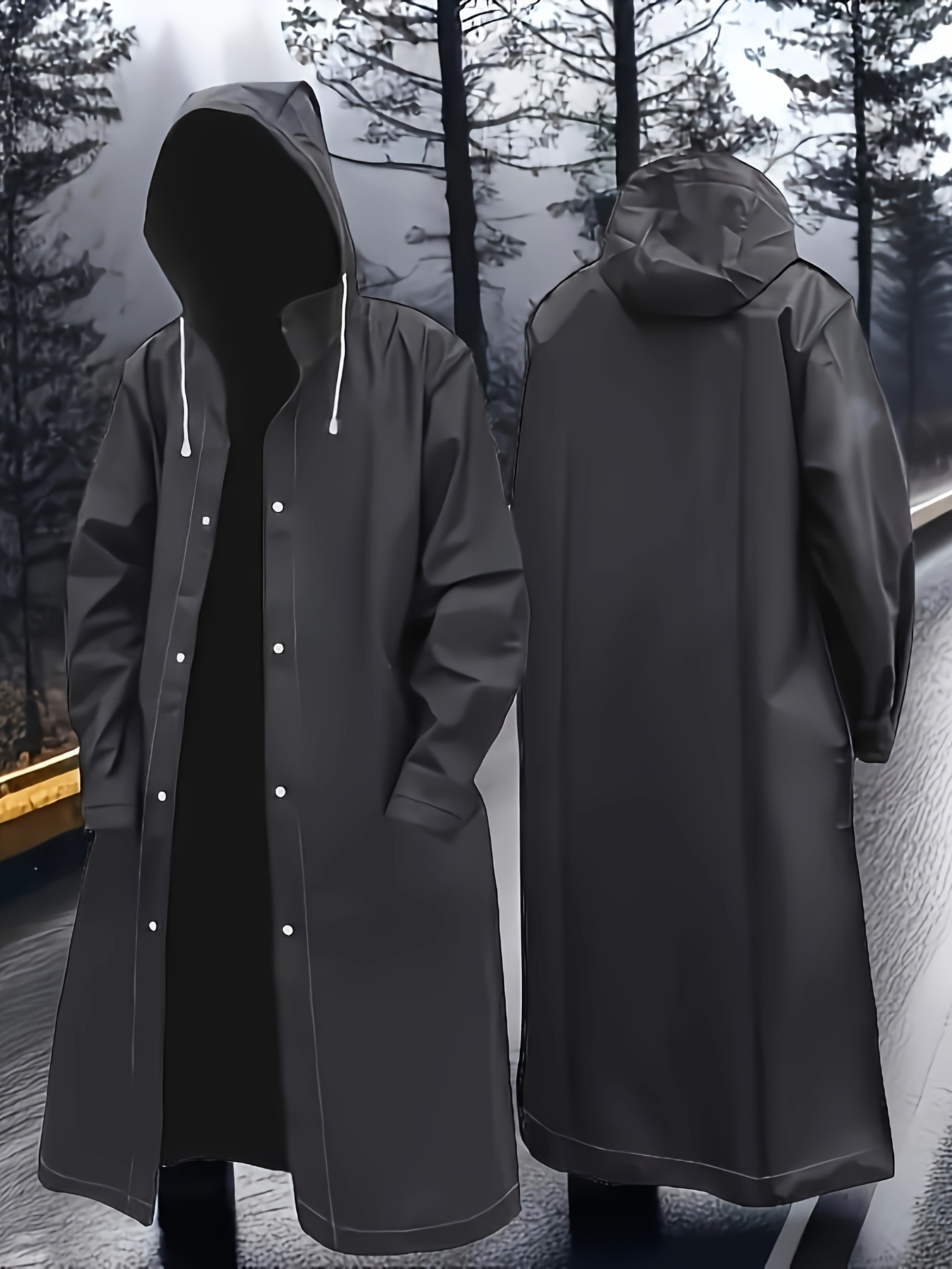 stylish hooded high quality raincoat reusable thick eva insulated windbreaker with adjustable drawstring and button closure semi transparent long sleeve   suitable for hiking outdoor activities daily commuting adult use sporty design 120cm length 70cm sleeve length 70cm waist size Product details 3