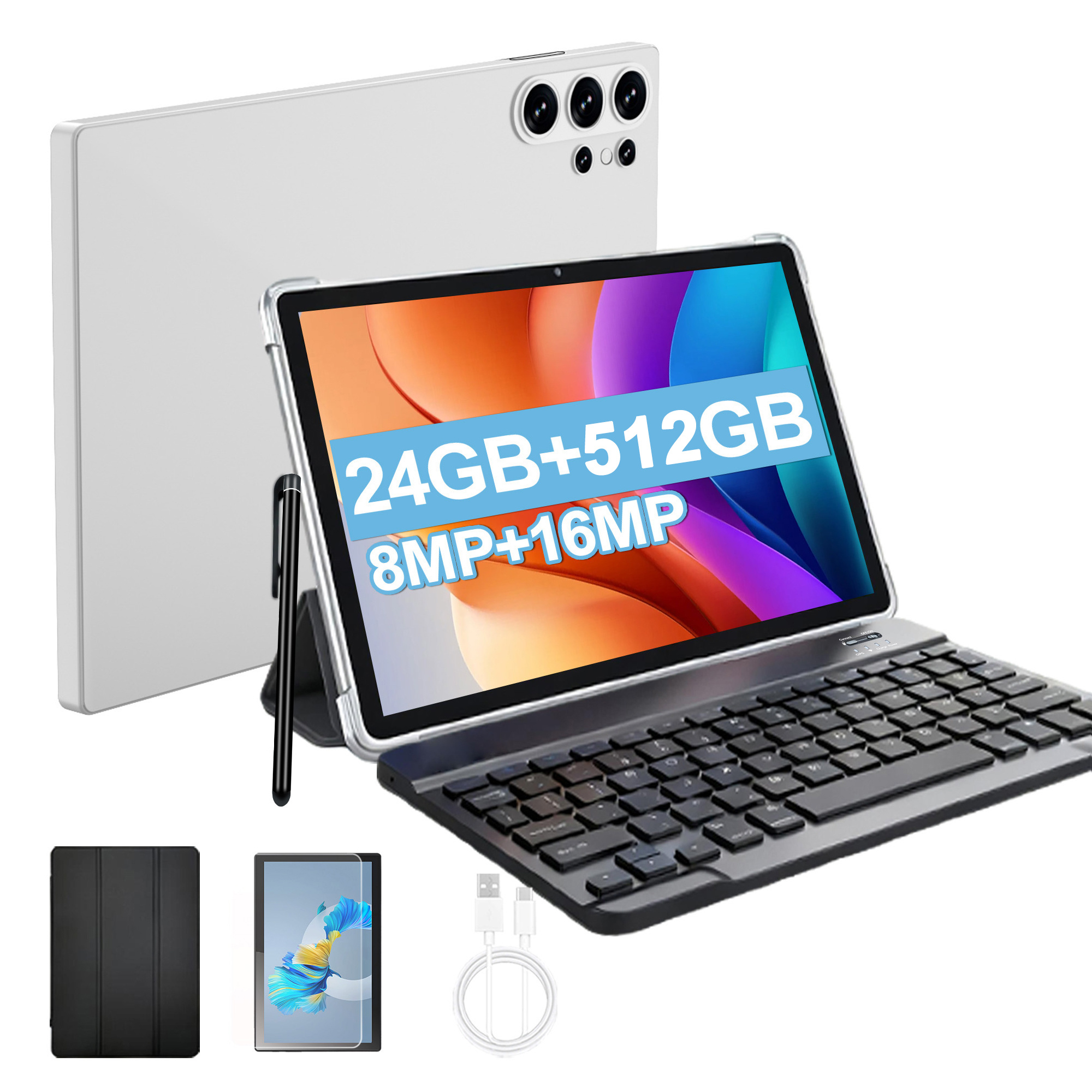 TEMU Tablette à de 10,1 pouces, 24 Go (8 Go+16 Go virtuels) de RAM, 512 Go de ROM, 15, écran 1600X2560, caméras 8MP+16MP, 6000 mAh, Pack : Verre