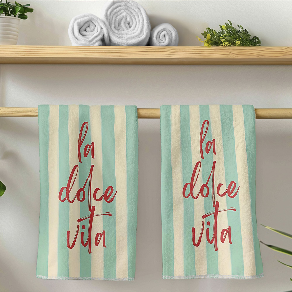 TEMU Lot de 2 serviettes vintage à rayures et slogan, et rayures verticales avec imprimé italien manuscrit rouge "la Vita", serviettes imprimées,
