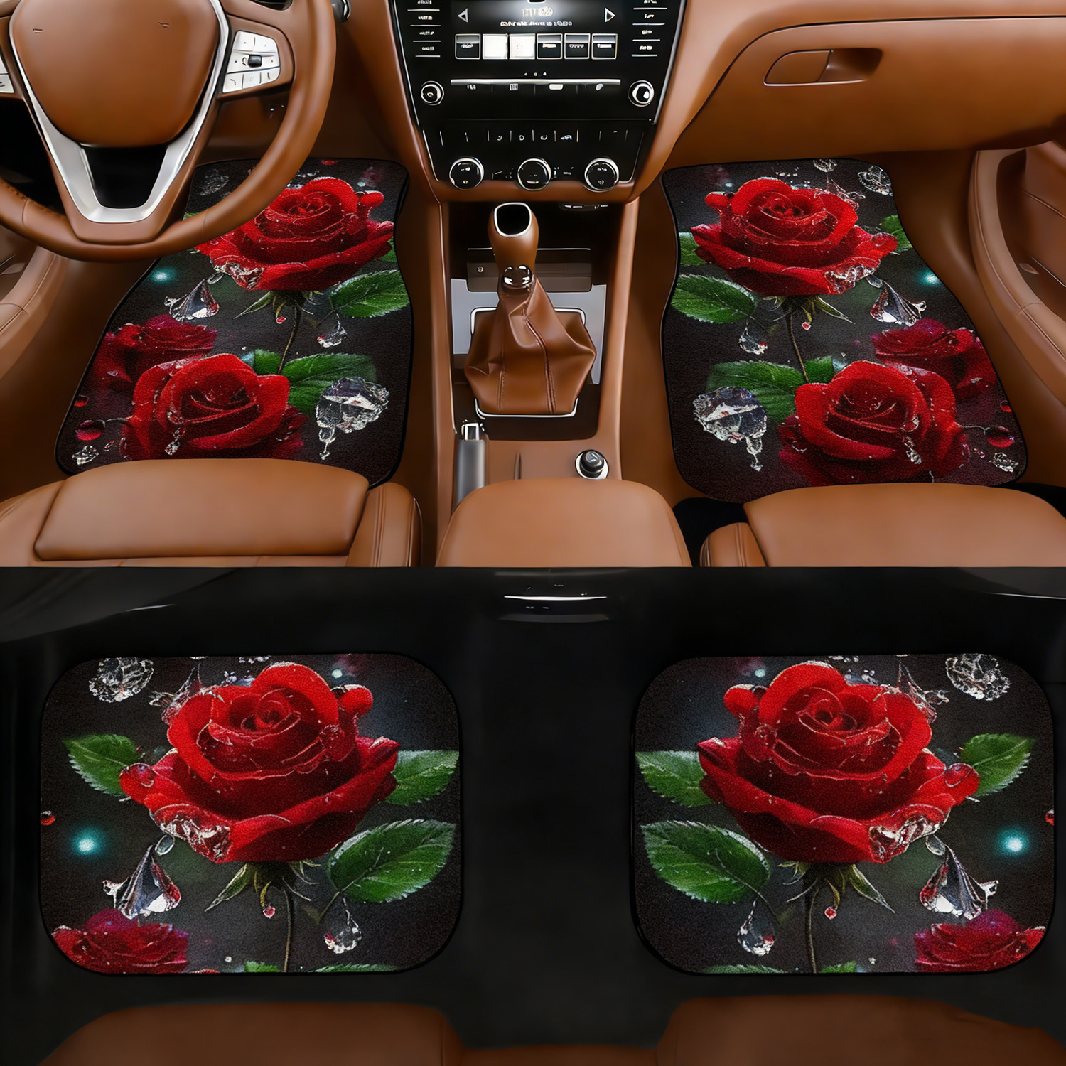 TEMU 4pcs Set Of Red Rose Pattern Front And Rear Car Floor Mats, Suitable For , Anti-slip, Stain-resistant And Easy To Clean. Car Interior