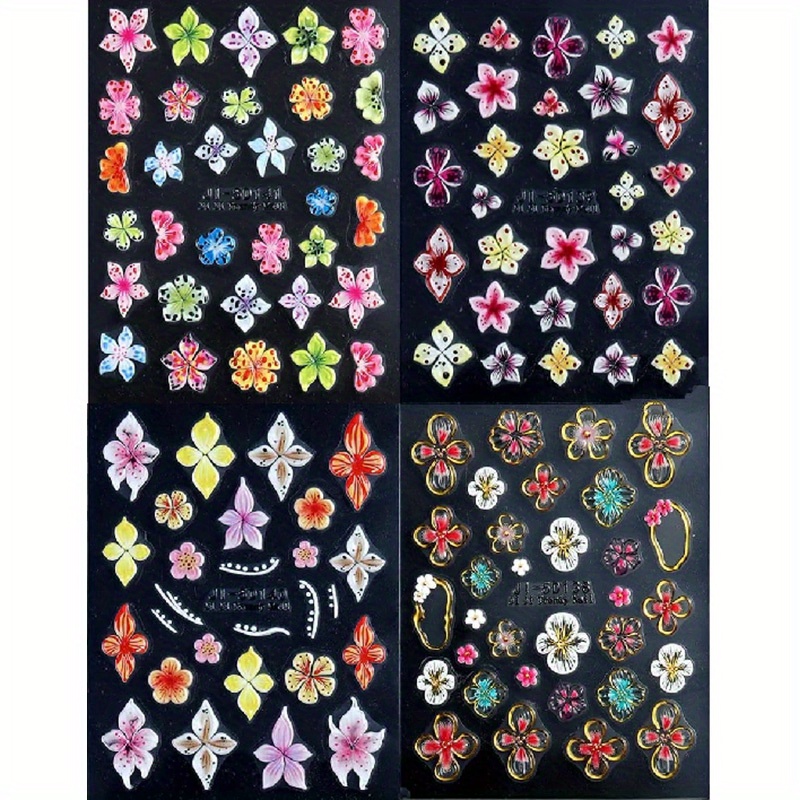 4 Sheets Flower Nail Stickers 5d Embossed Lily Flower Stickers For Nails Hibiscus Self Adhesive Floral Nail Decals Nail Charms Vacation Nail Design