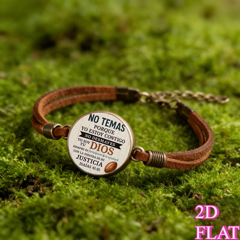 TEMU Pulsera retro 2D con en español, placa redonda de metal grabada con en español - NOTEMAS - con cuerda de cuero marrón antiguo, llena de y