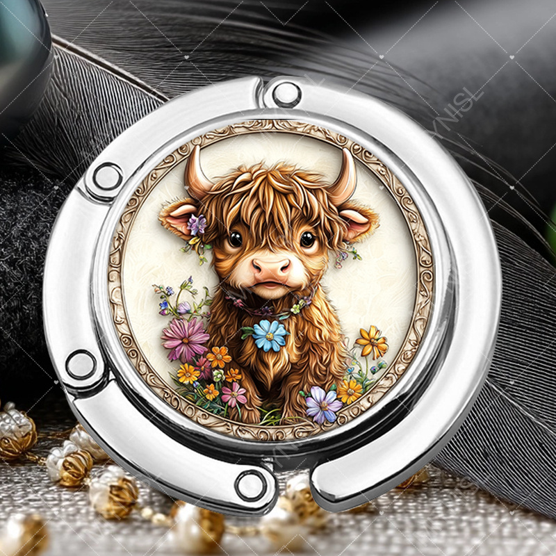 TEMU 1pc Adorable Scottish Highland Cow & Flower Metal Bag Hook - Cute Calf Folding Hanger For Handbags, Purses, Christmas Gifts For &, Portable