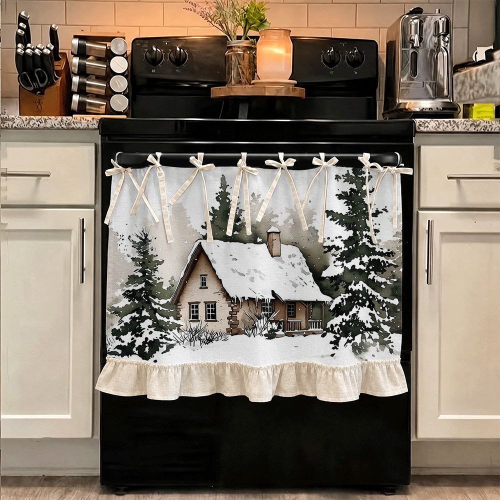 TEMU 2d Flat - 2d Flat - 2d Winter , Kitchen Appliance Cover, Multifunctional Oven Protective Curtain, Snowy House And Pine Trees Pattern, Linen With