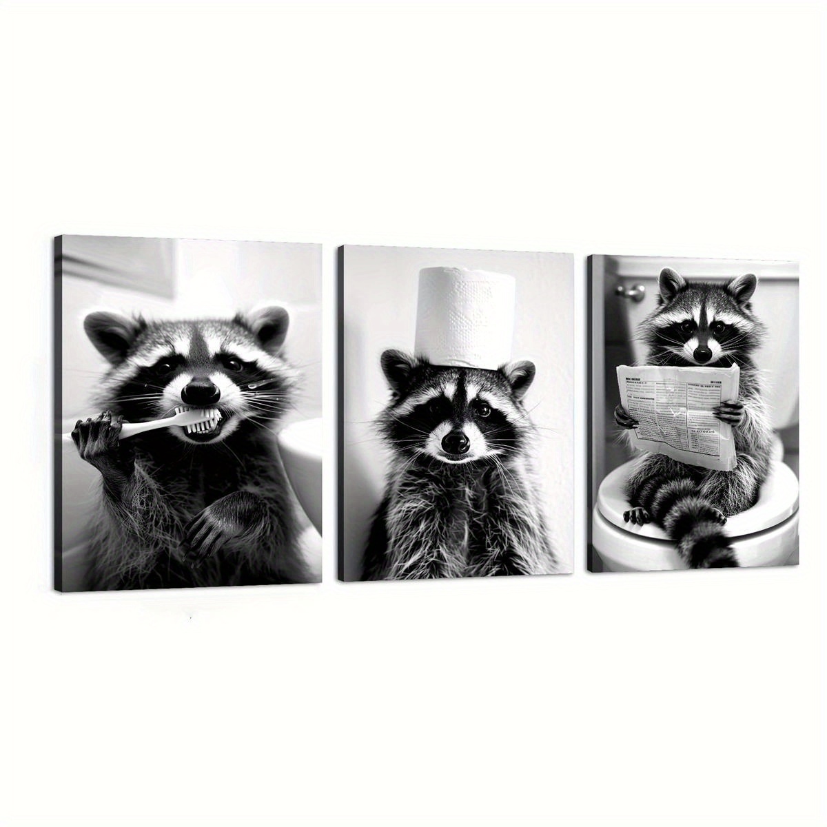 

3pcs Wooden Framed Canvas Poster Raccoon Poster, Funny Bathroom Art, Creative Waterproof Canvas Posters, Bedroom, Office, Living Room, Cafe, Bar, Home And Dormitory Wall Decoration