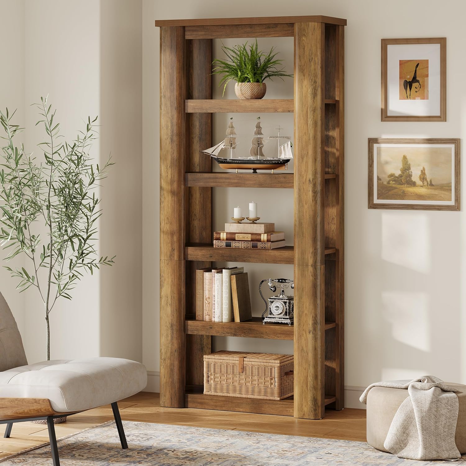TEMU Étagère à livres haute de 71 pouces | ouverte à 6 niveaux, vintage, étagères de rangement d' sur pied, pour salle d'étude, salon, bureau à