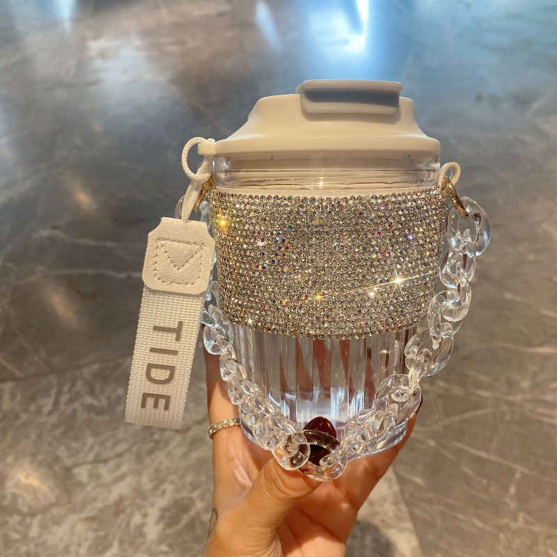 TEMU Large-capacity Portable Water Cup With Luxurious Diamond-encrusted Chain Handle For Convenient Direct Drinking Coffee Cup