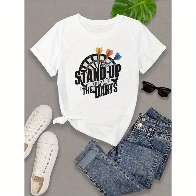 

Women's "stand Up For The Darts" Graphic Tee - Vibrant Print, Short Sleeve Crew Neck, Stretchy Polyester , Casual Summer & Spring Top, Machine Washable