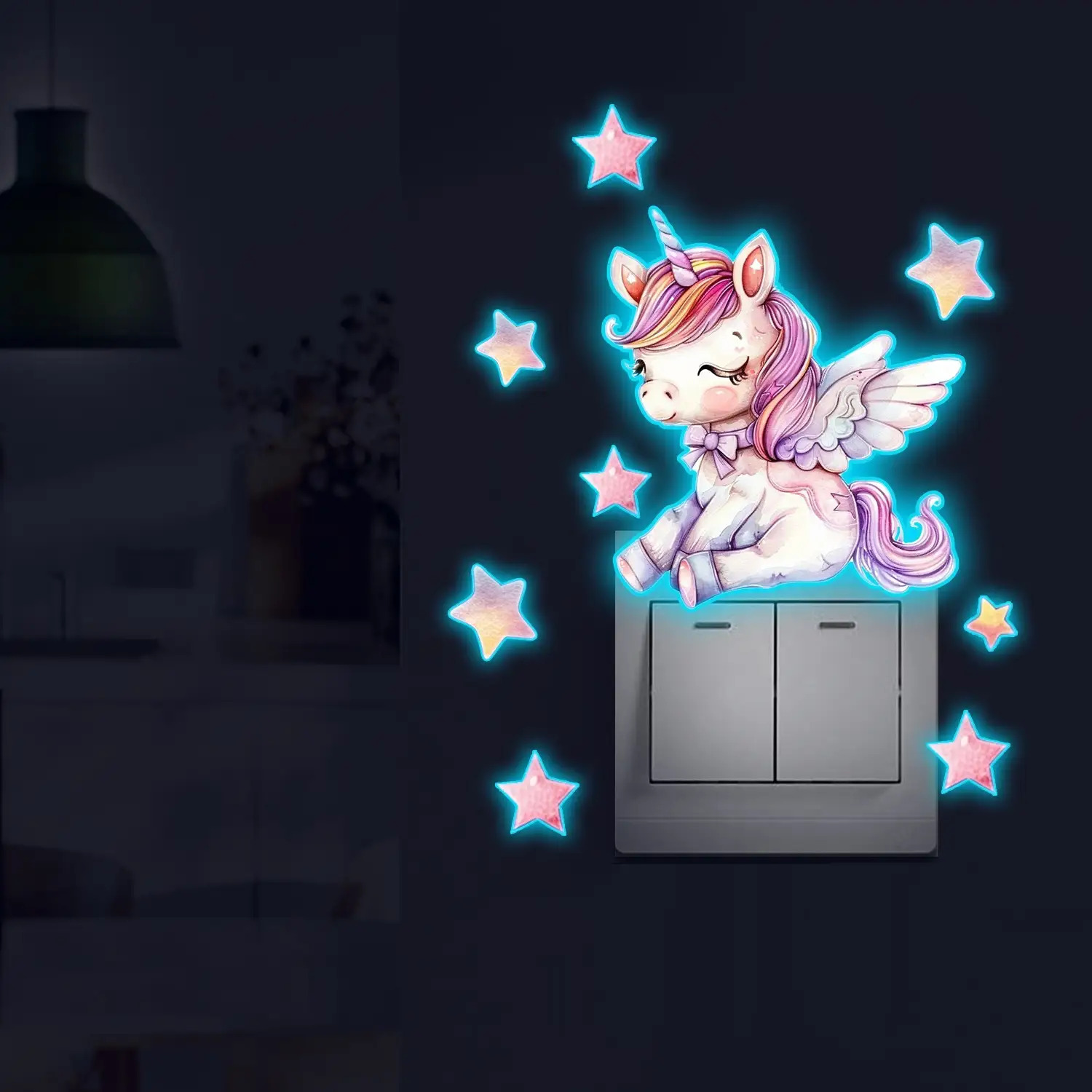 Image of Glowing Unicorn And Star Switch Wall Stickers, Adorable Home Decor