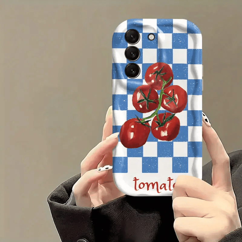 TEMU 휴대폰 케이스 - 블루 체크 무늬 토마토 패턴, 2D 플랫 디자인 삼성 갤럭시