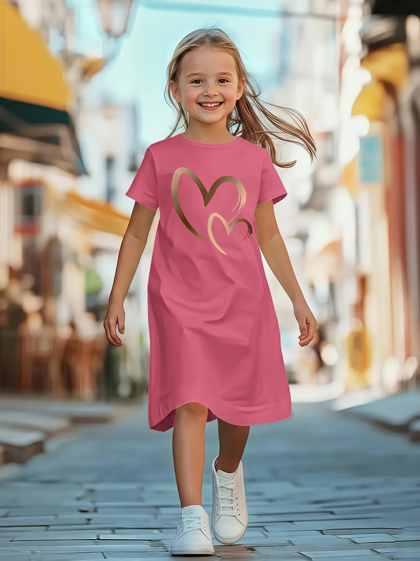 girls summer short sleeved dress with trendy and fashionable heart patterned print trendy and comfortable short sleeved dress