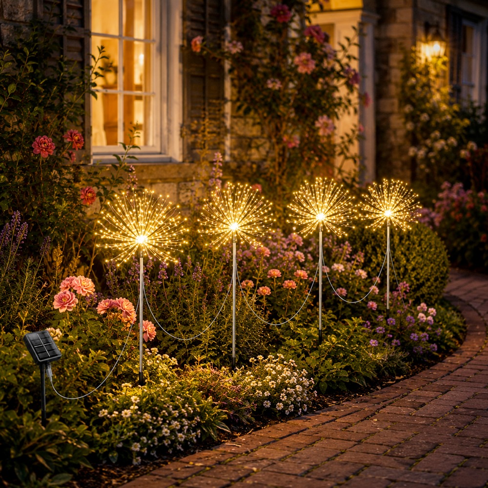 Image of 4pcs Solar Garden Firework Lights Outdoor, 480 Led Dandelion Stake Lights, 8 Flashing , Dusk To Dawn Sensor, Protection Class For Garden Lawn Walkway Decor Holiday Decorations