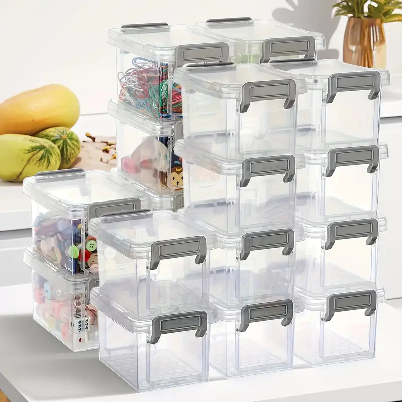 10 Transparent Plastic Storage Boxes Gray Clasp Stackable