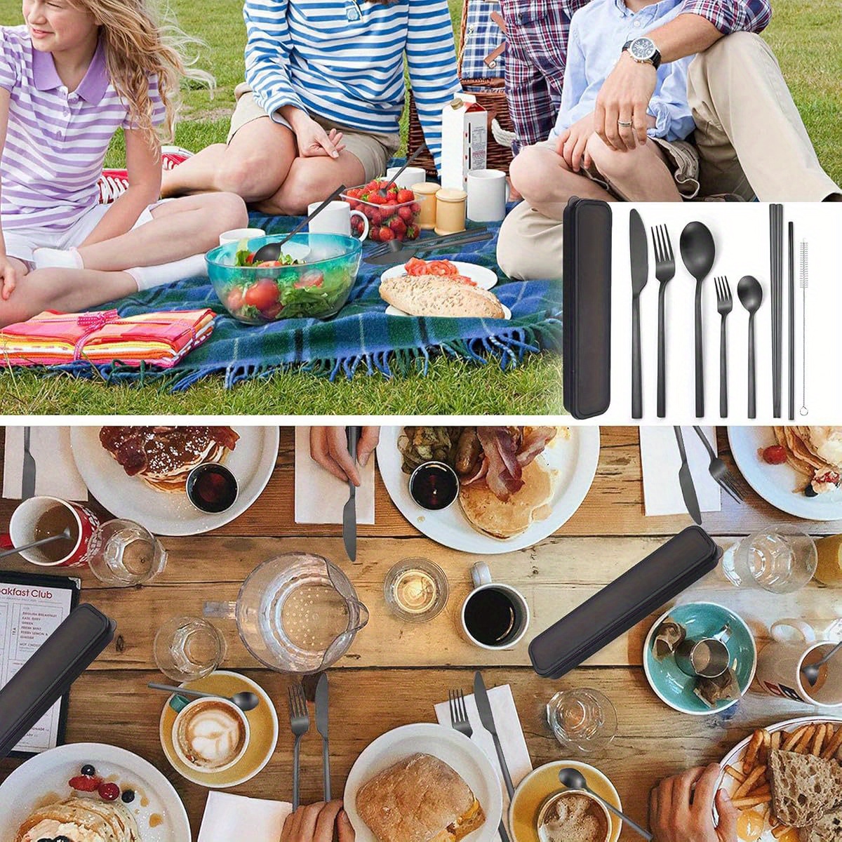 6pcs stainless steel flatware set portable reusable cutlery with chopsticks knife   and cleaning brush dishwasher safe ideal for travel and outdoor use outdoor dining essentials modern cutlery set durable cutlery Product details 1