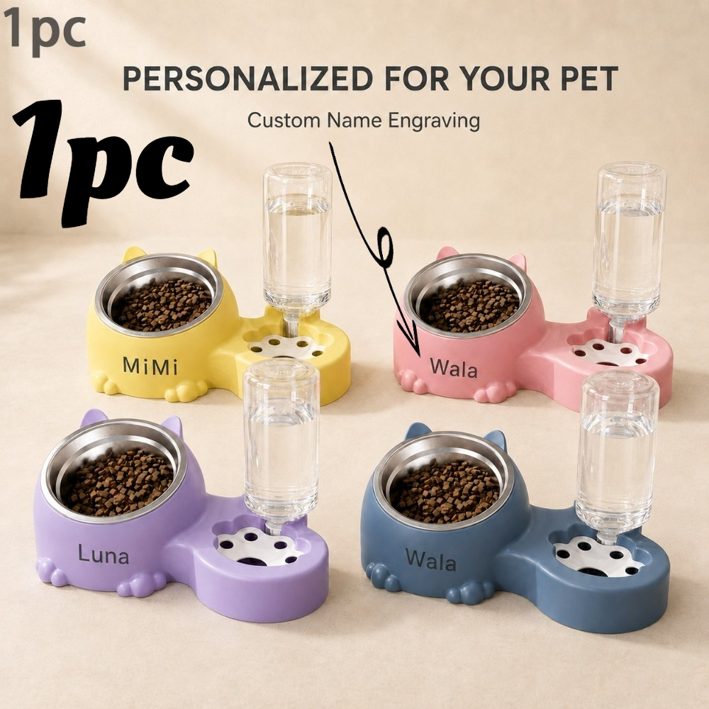 TEMU Customized Raised Cat Bowl With Automatic Drinking Water, Pet Bowl, Cat Food Bowl, Dog Food Bowl, Cat Ear Shaped Stainless Steel Food Basin