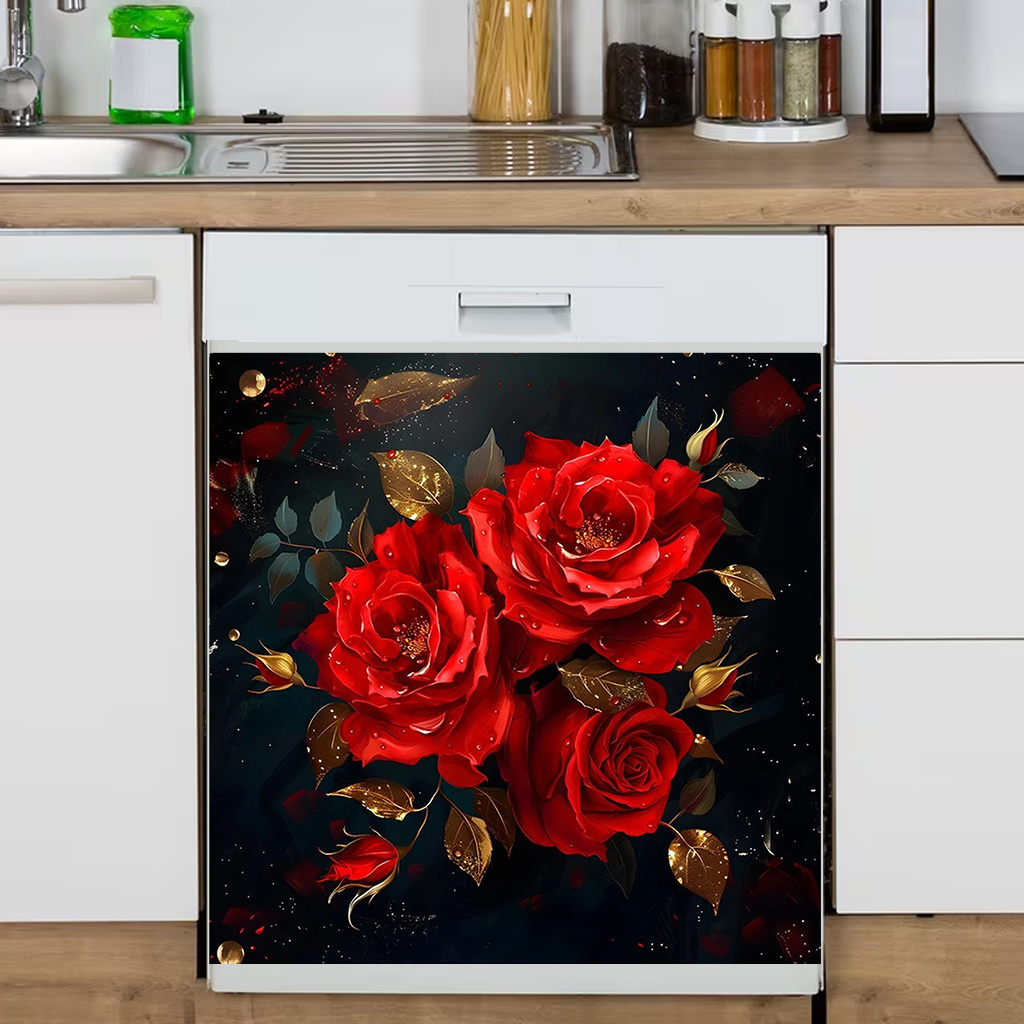 Image of 1pc Bohemian Valentine's Day Rose Oven Sticker | Realistic Rose Wall Decal, Self-adhesive, Removable, Waterproof, Vinyl Material, Reusable For Holiday, Wall, Glass, Washing Machine, Oven Decoration