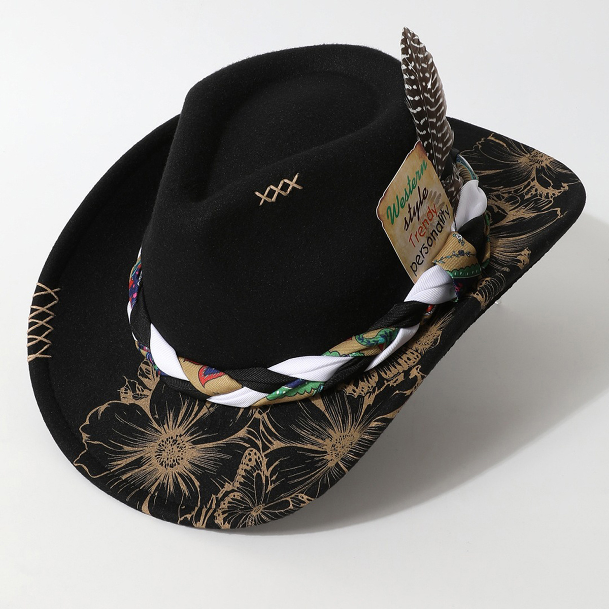 8565 6 Pcs Cowboy Hat Boa Cowgirl Hat Felt With Feather For Women Girl Western Tarpop 6 Pcs 6/12 Pcs Cowgirl Hat Boa Cowboy Hat for Bride  main image 3
