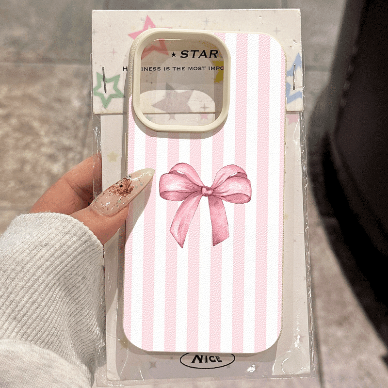 TEMU Phone Case: Fashionable Pink Striped Bow Pattern Lychee Texture Anti-drop Tpu Phone Case For Iphone 17/17 Air/17 Pro/17 Pro Max/iphone 16/16