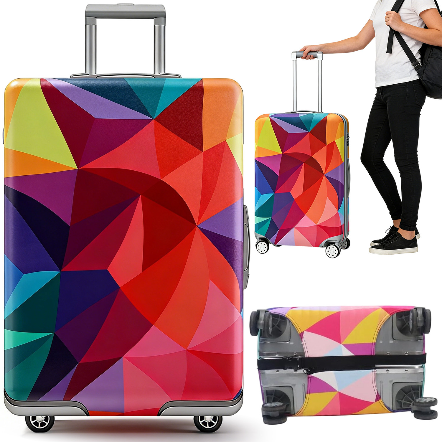 TEMU Portable Elastic Suitcase Protective Cover, With Zipper & Colorful Pattern, For Travel Luggage
