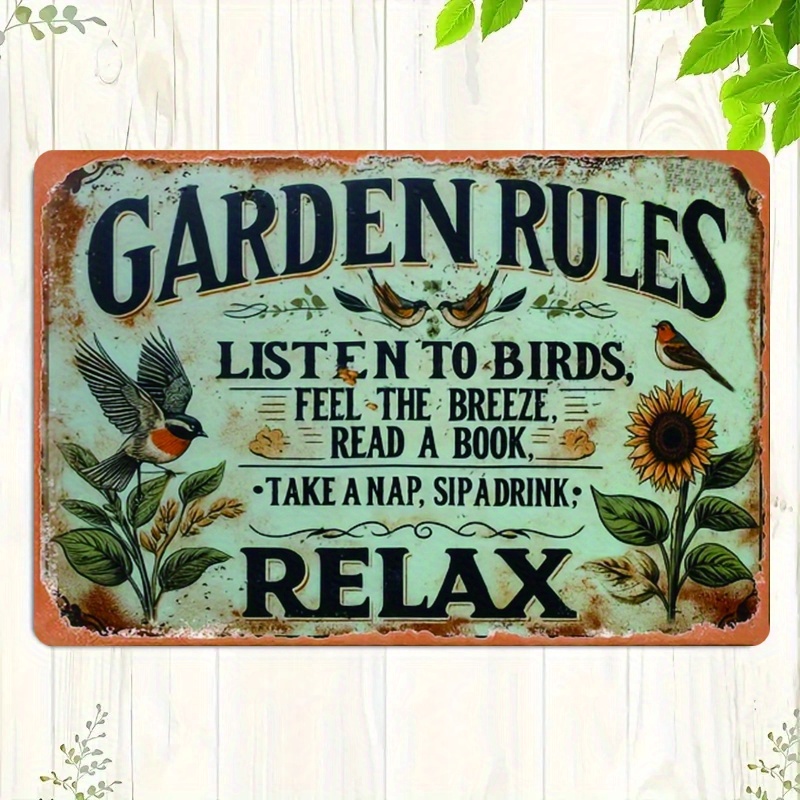 2d flat antique garden rules metal sign 8x12 inches iron wall hanging inspirational outdoor garden art country style multifunctional english language no battery required no electricity needed 2d flat craft effect suitable for bedroom wall decor 2d flat